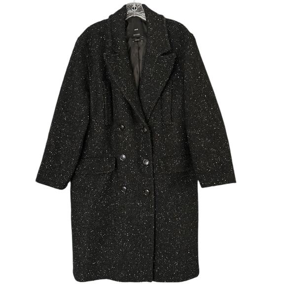 MNG Mango Italian Wool Blend Double-Breasted Coat Women's M Black Speckled Long - Picture 1 of 10
